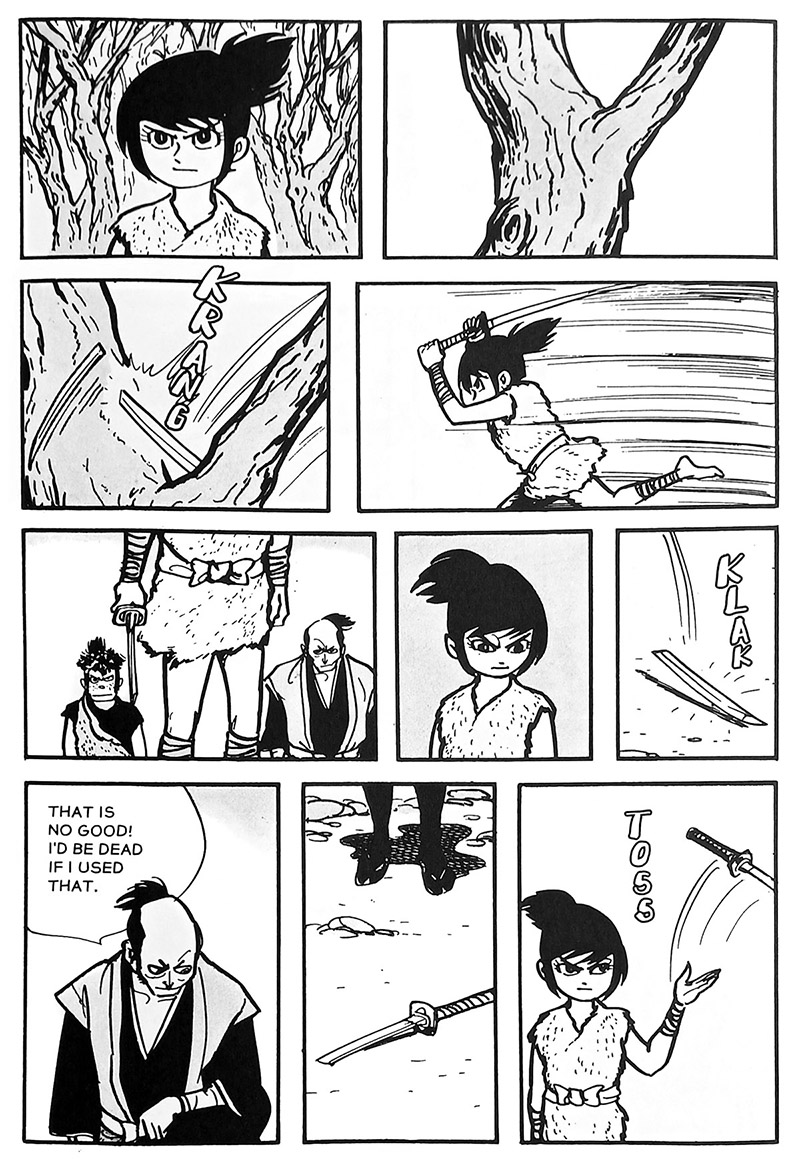 ...Kamui pauses and stares at a thick tree trunk. He charges, and *KRANG* breaks the blade of the sword in half on a crotch in the tree. The broken piece of blade falls to the ground with a *KLAK*, and after staring at it silently for a moment, Kamui tosses the ruined sword aside. Yokome looks at it lying in the dirt and says 'That is no good! I'd be dead if I used that. I'm not entirely sure what he means by this.