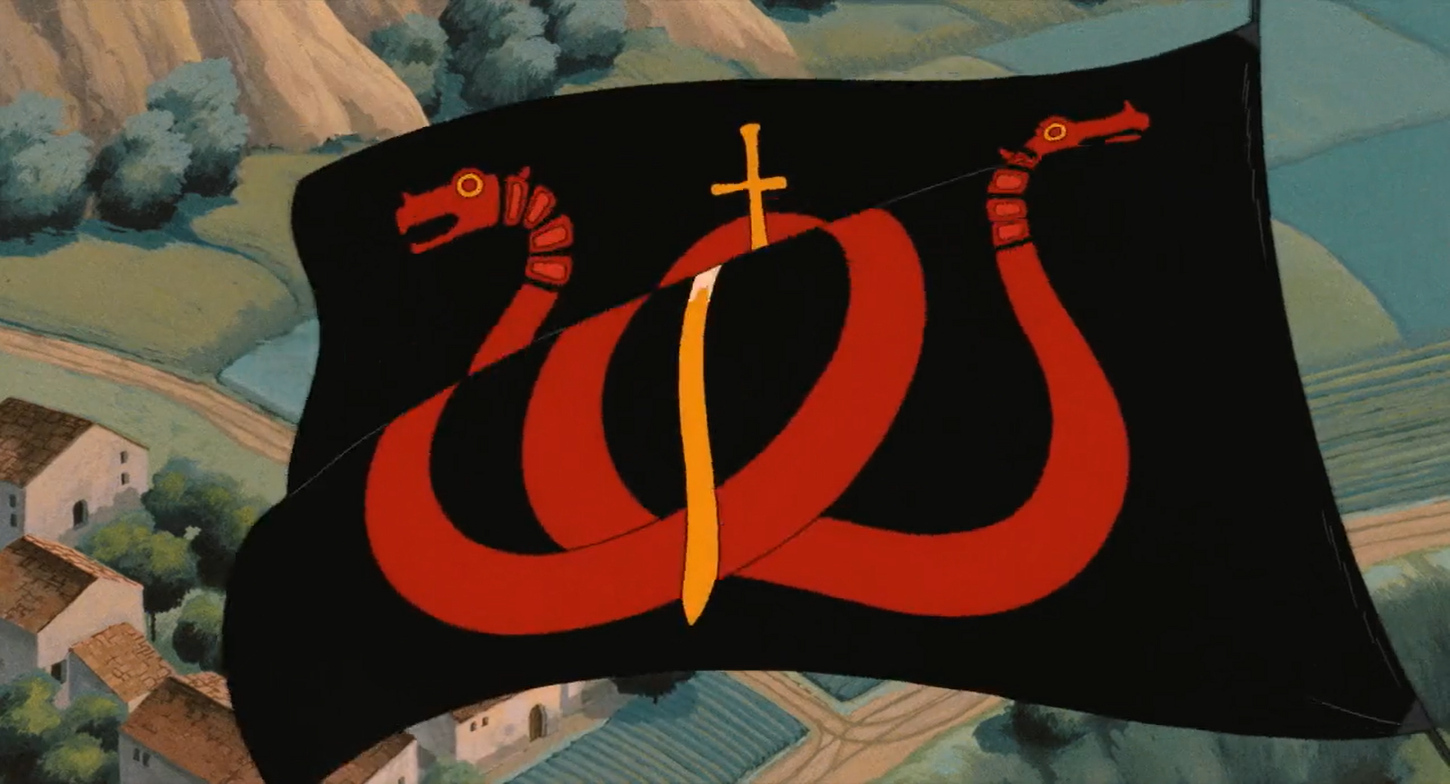 The Torumekian Battle Standard flying over the Valley of the Wind. The flag shows a two-headed red serpent over black with a golden sword standing vertically in the center, hilt up. The way this is animated, the flag waving in the wind repeatedly shows the sword breaking in half over the rippling folds of the fabric. Probably not intentional, but... swords broken babeyy...