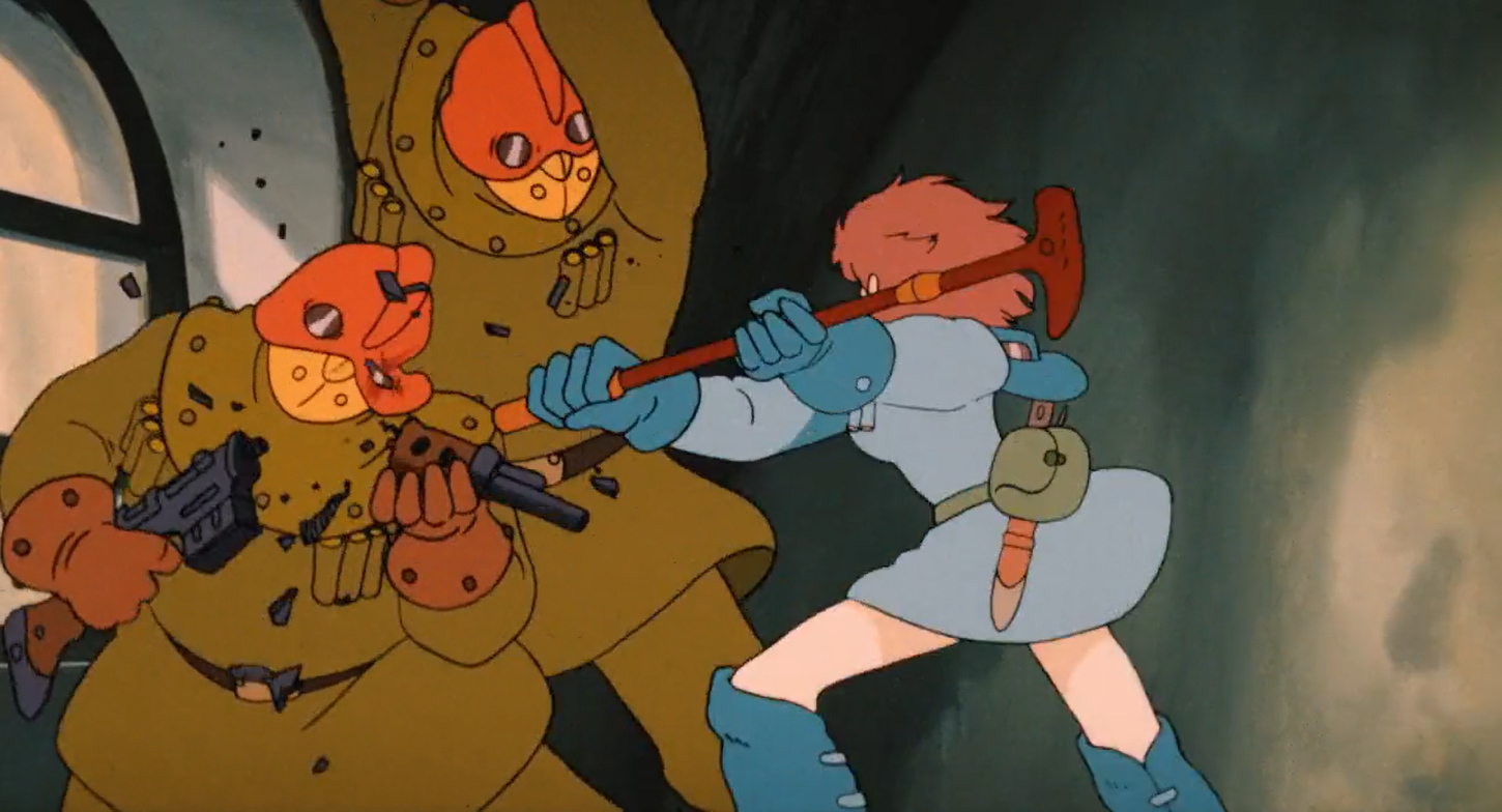 Nausicaa rocking some dude with her hammer thing, caving in his helmet and smashing his gun in half.