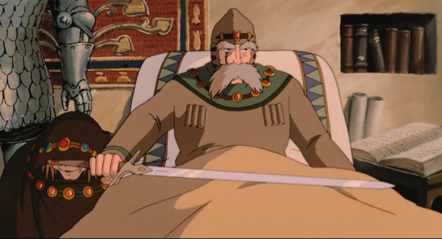 The ailing King Jhil, sitting up in bed with his sword across his lap, waiting for the Torumekians to come to his chambers.