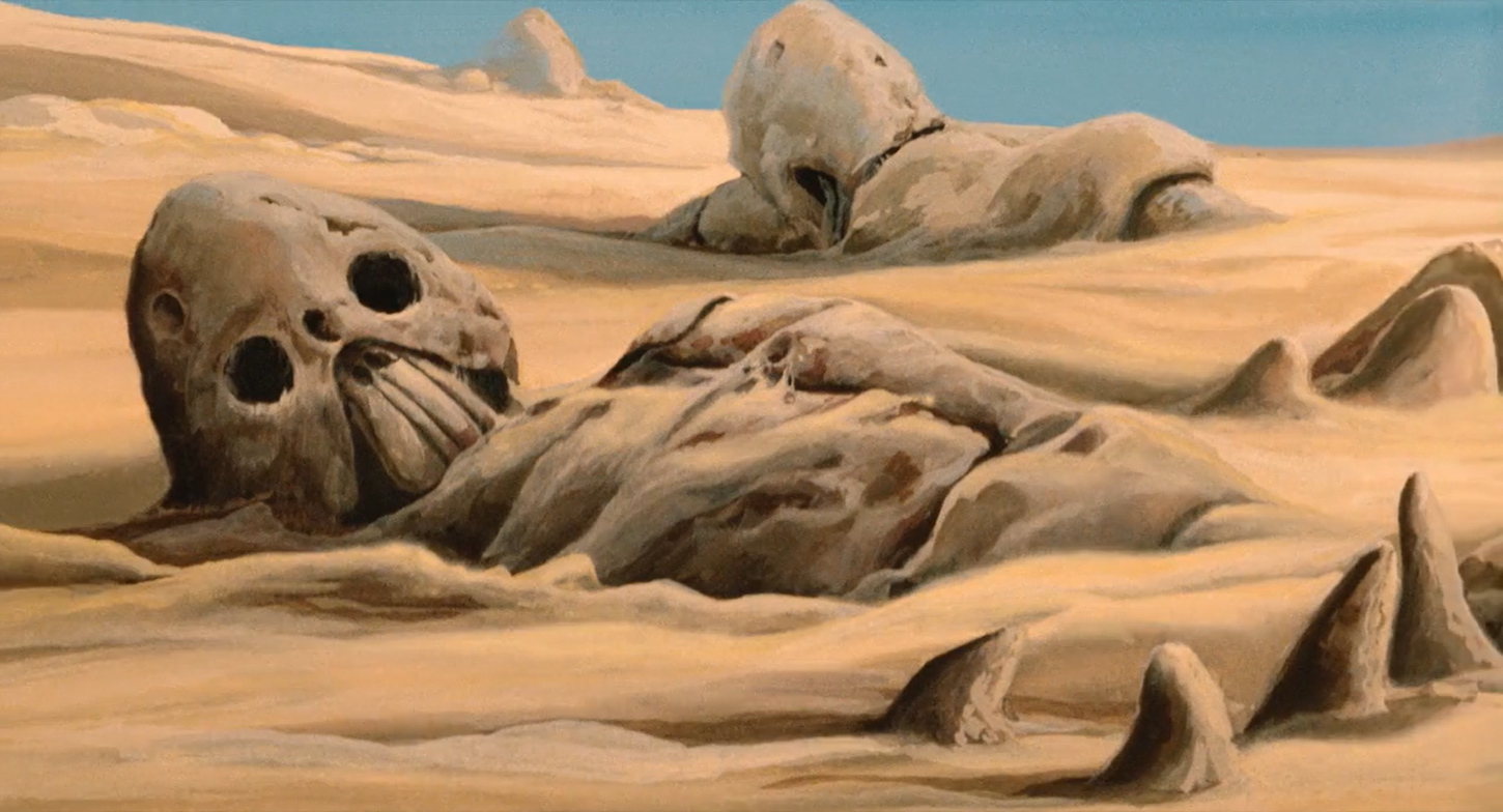 Dessicated remains of the colossal Kyoshinhei slowly absorbed by sand dunes in the desert between the Valley of Wind and the Sea of Corruption.