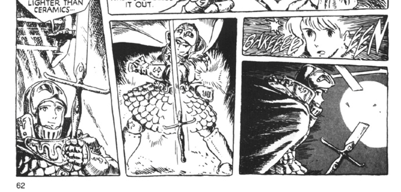 The last four frames of page 62 of Nausicaa of the Valley of the Wind, Vol. I, where Kushana breaks Nausicaa's sword.