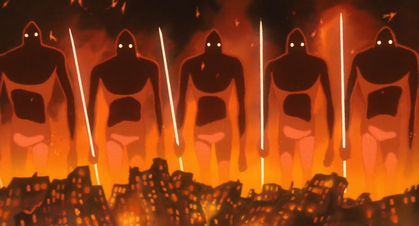 In a glimpse of the Seven Days of Fire, the Kyoshinhei, or God Warriors, loom over a burning city with glowing lances.