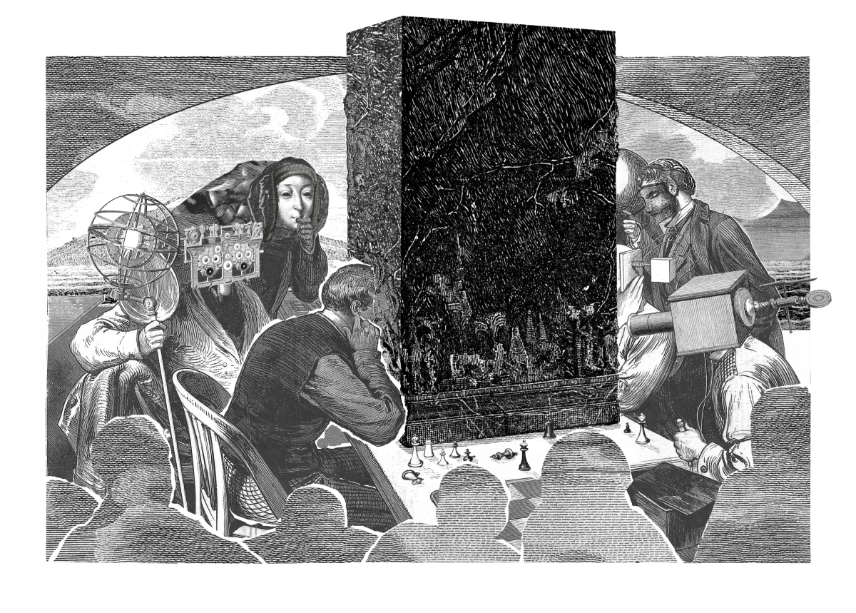 digital collage of engraving artwork in the style of Max Ernst depicting strangely masked techno-human hybrids gathered around an obtusely large black monolith, having overall little to do with the scenic particulars of this story